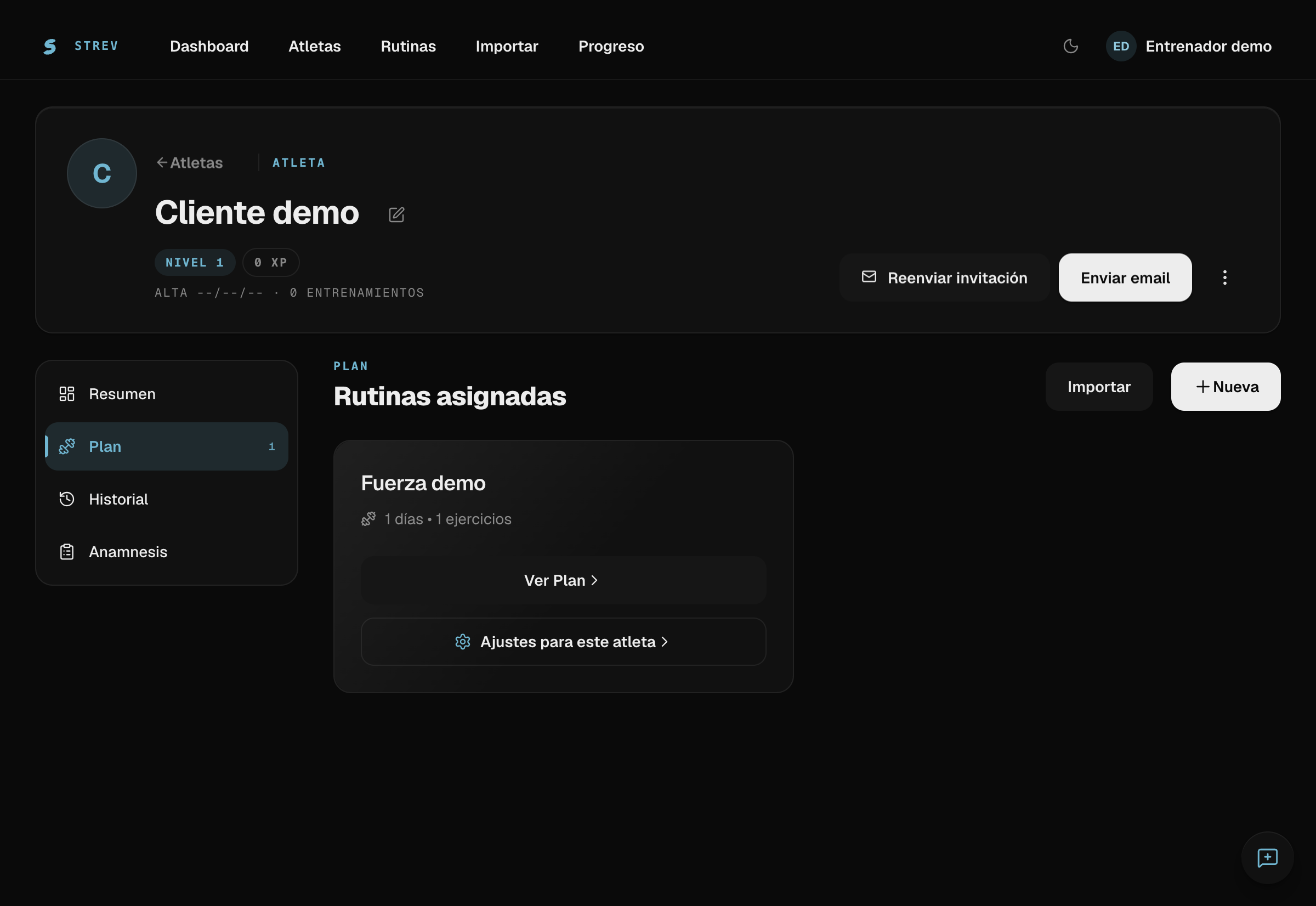 Strev: cliente de demostración con sus rutinas asignadas
